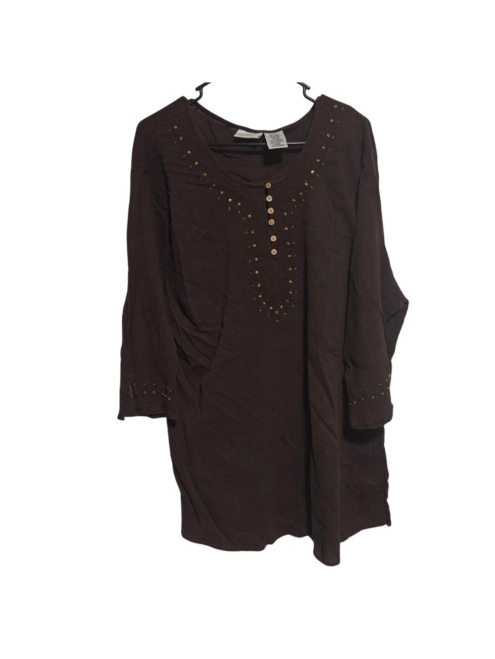 White Stag Tunic Top Plus Size 26W 28W Brown Gold Embellishments Buttons Cotton